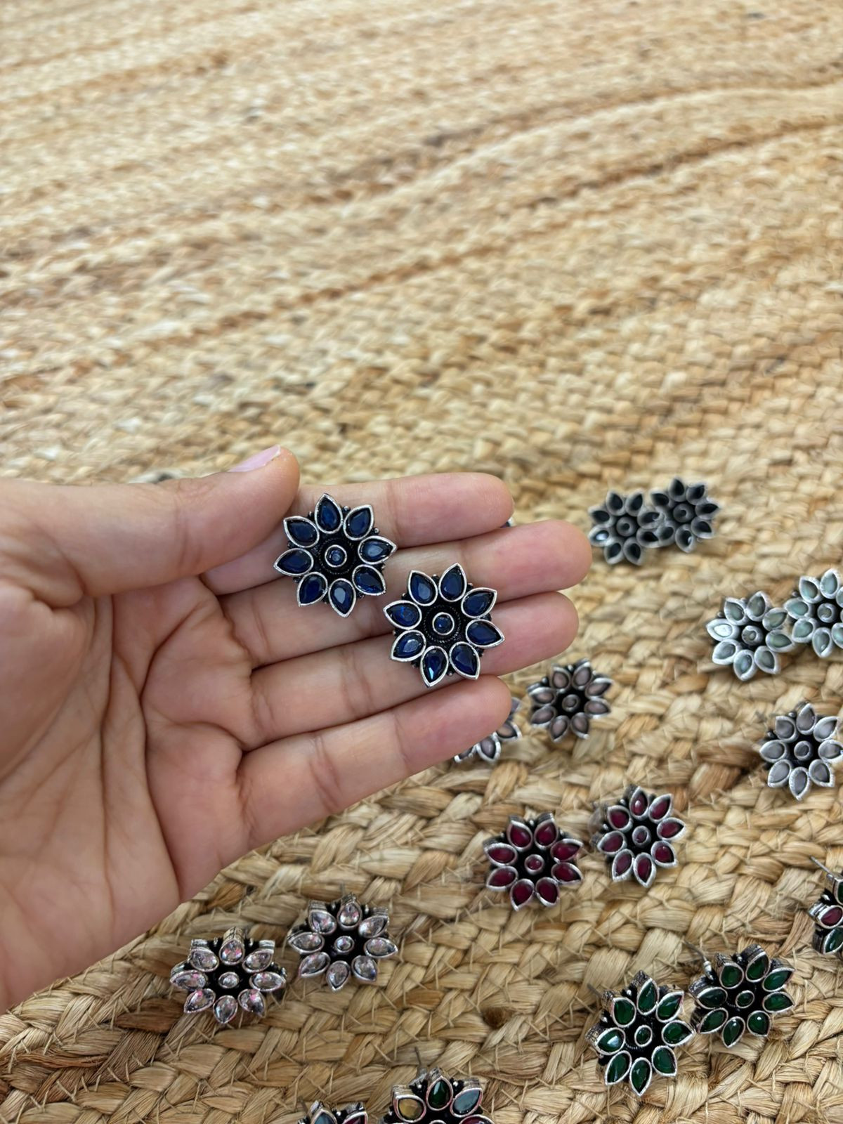 Metallic Silver Oxidised Studs With Stone Settings - Blue
