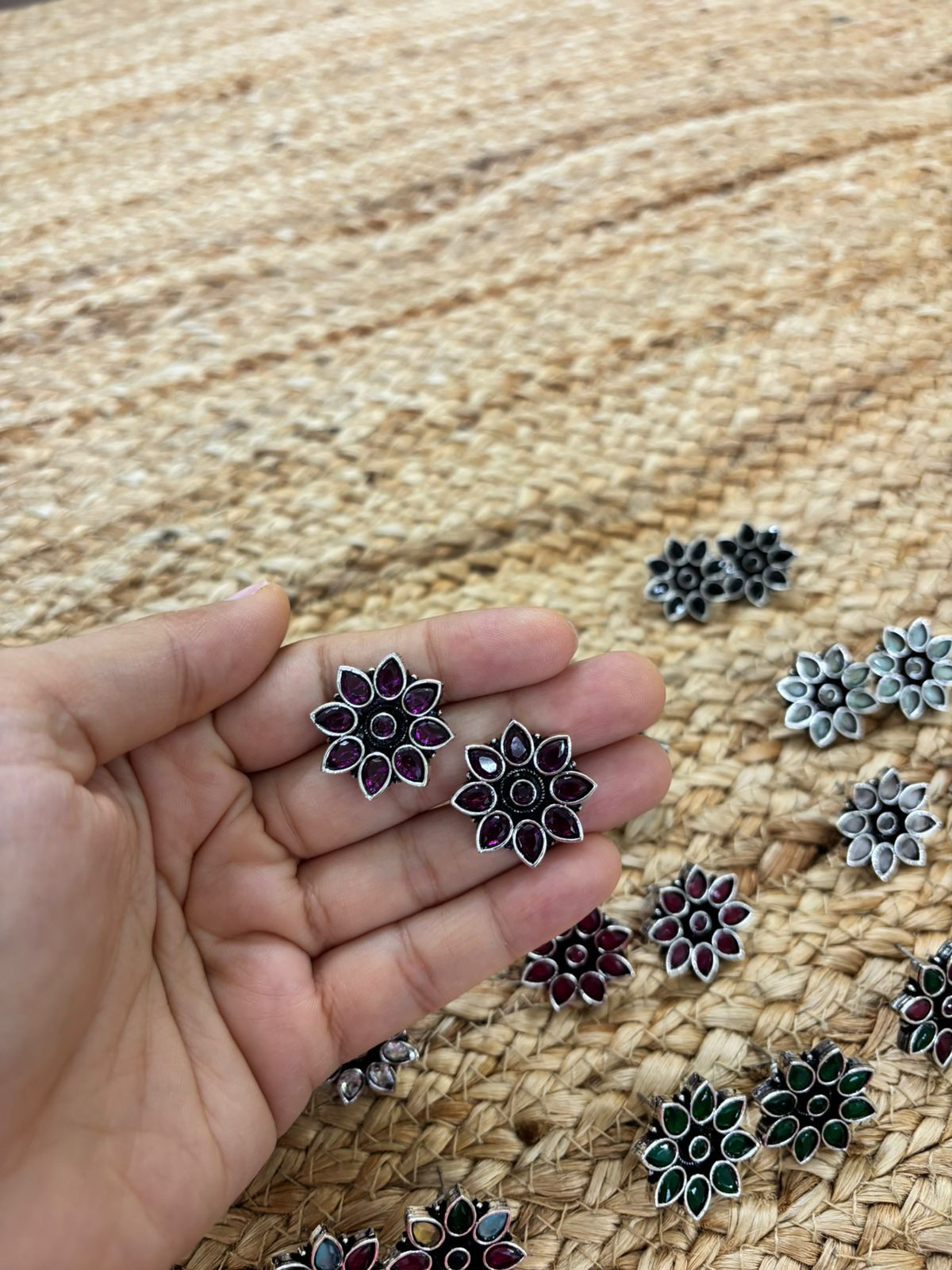 Metallic Silver Oxidised Studs With Stone Settings - Wine