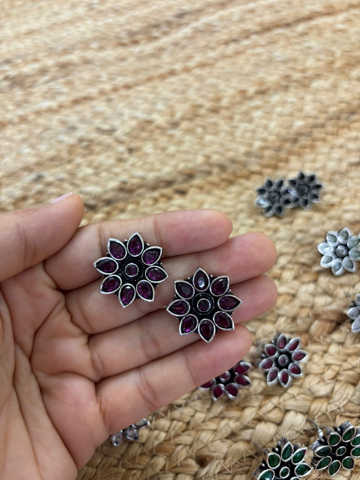 Metallic Silver Oxidised Studs With Stone Settings - Wine