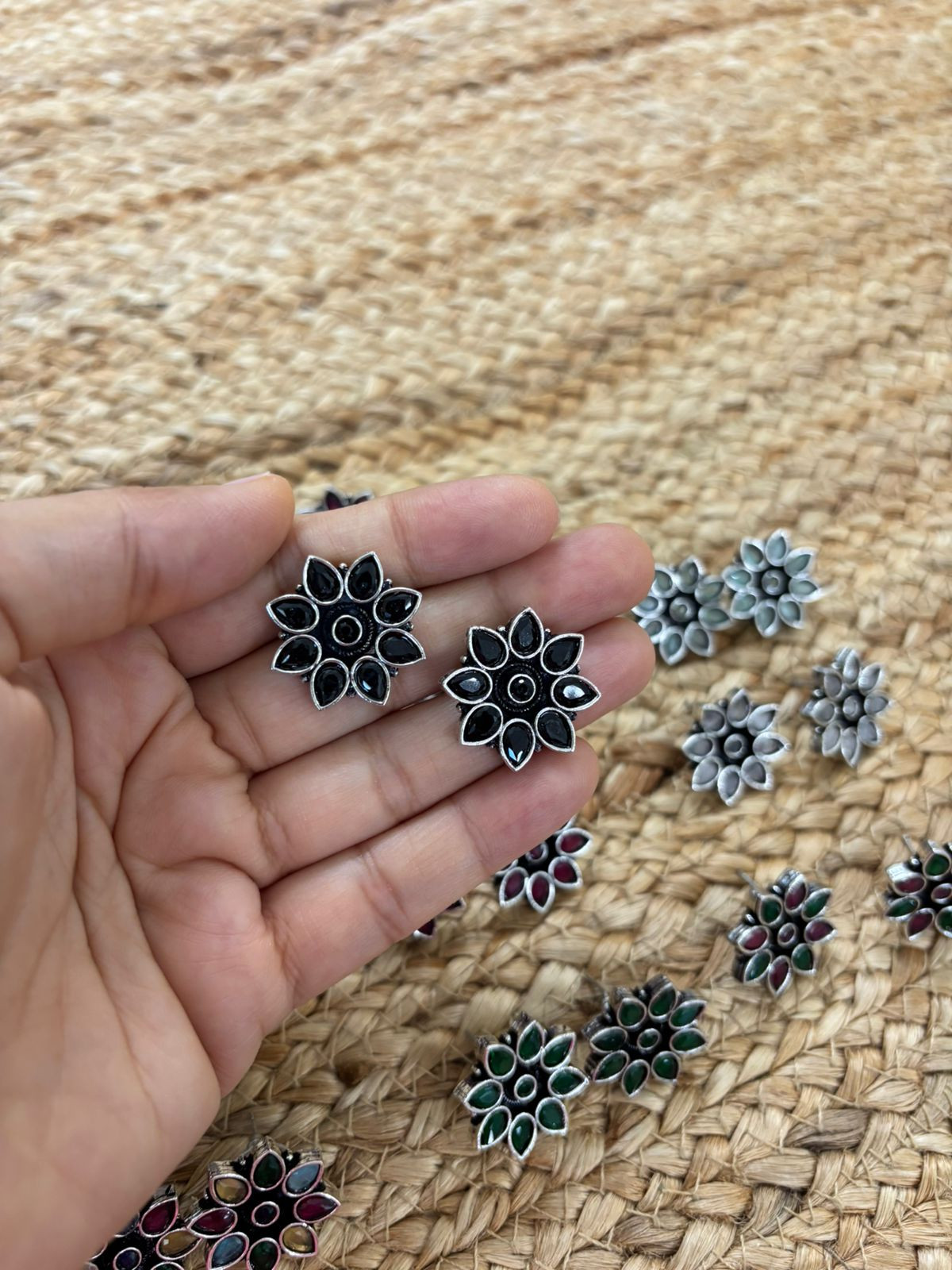 Metallic Silver Oxidised Studs With Stone Settings - Black