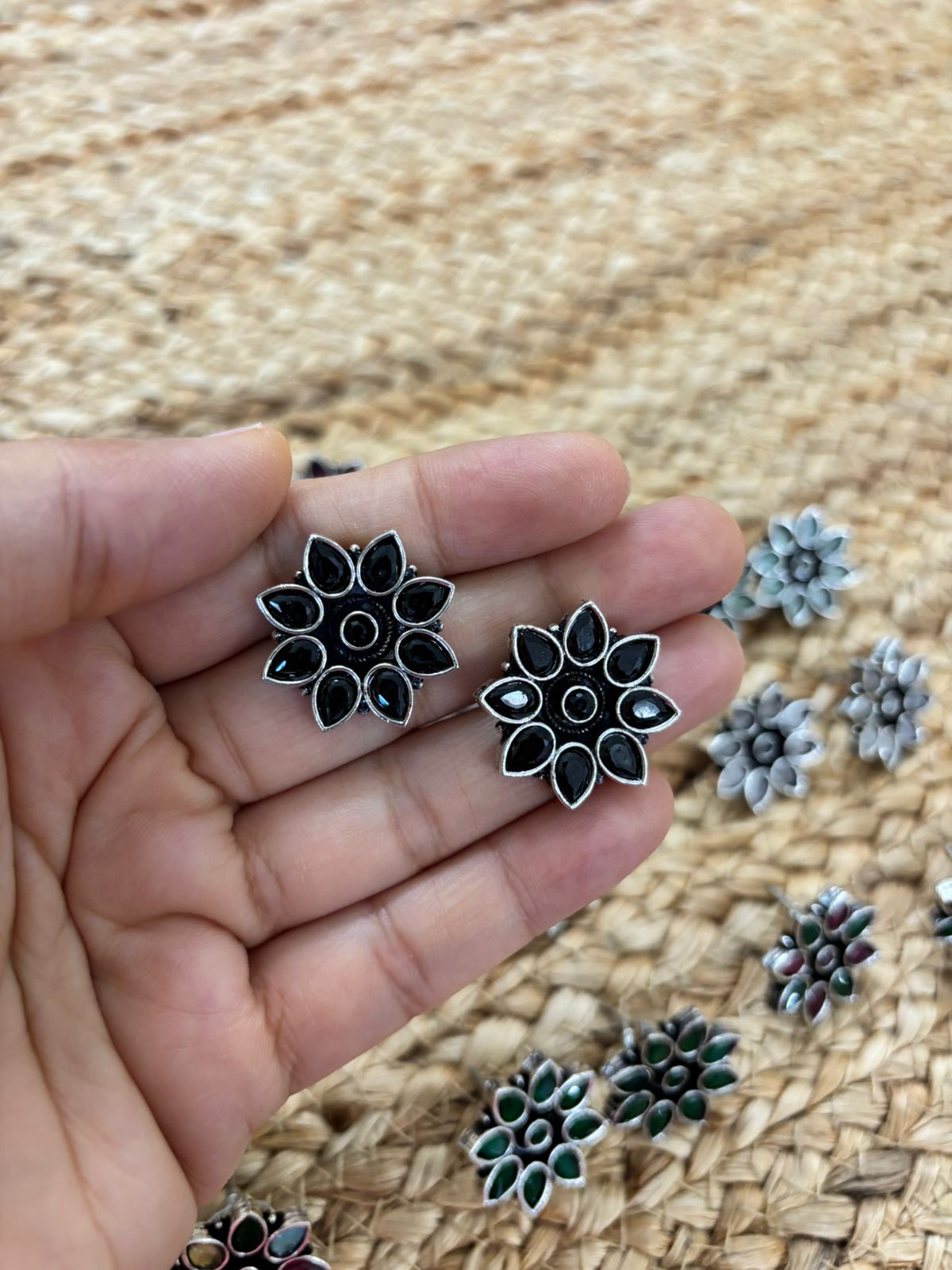 Metallic Silver Oxidised Studs With Stone Settings - Black