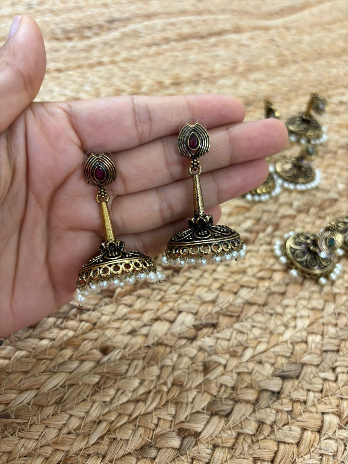 Metallic Oxidised Gold Earrings With Stone Settings - Wine