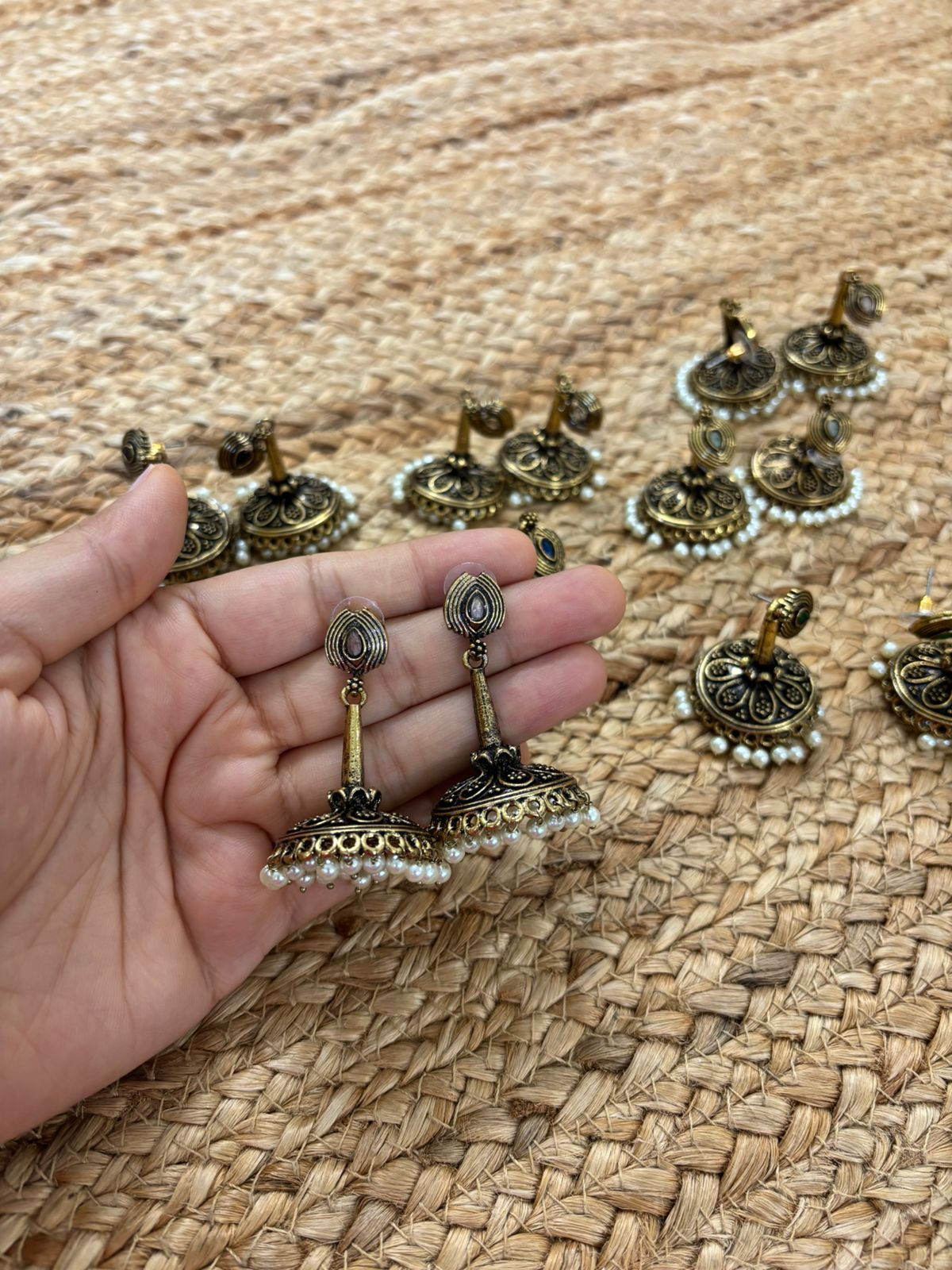 Metallic Oxidised Gold Earrings With Stone Settings - White