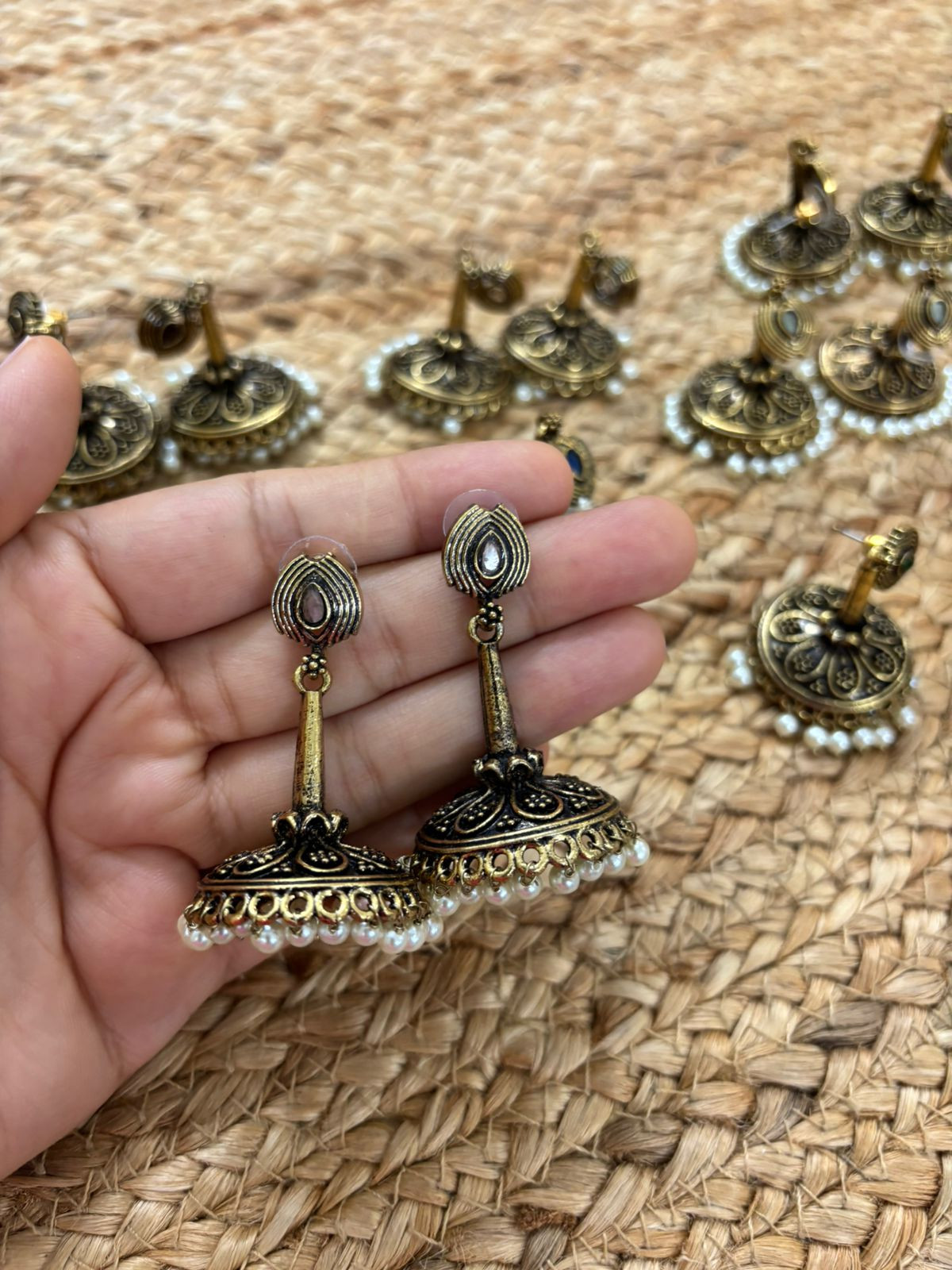 Metallic Oxidised Gold Earrings With Stone Settings - White