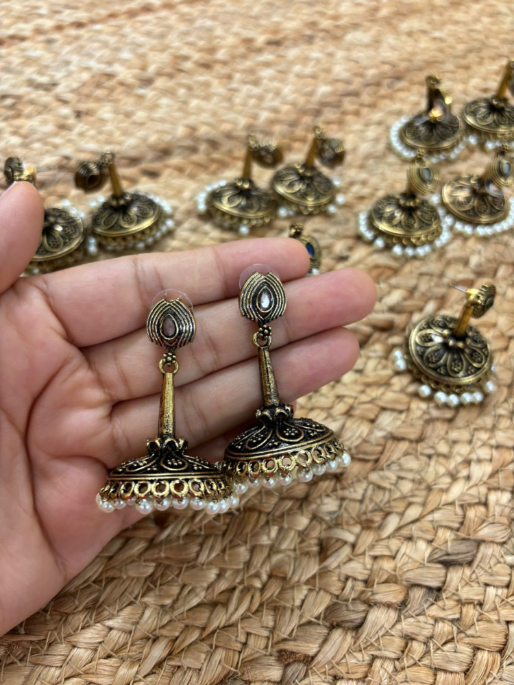 Image of Metallic Oxidised Gold Earrings With Stone Settings - White