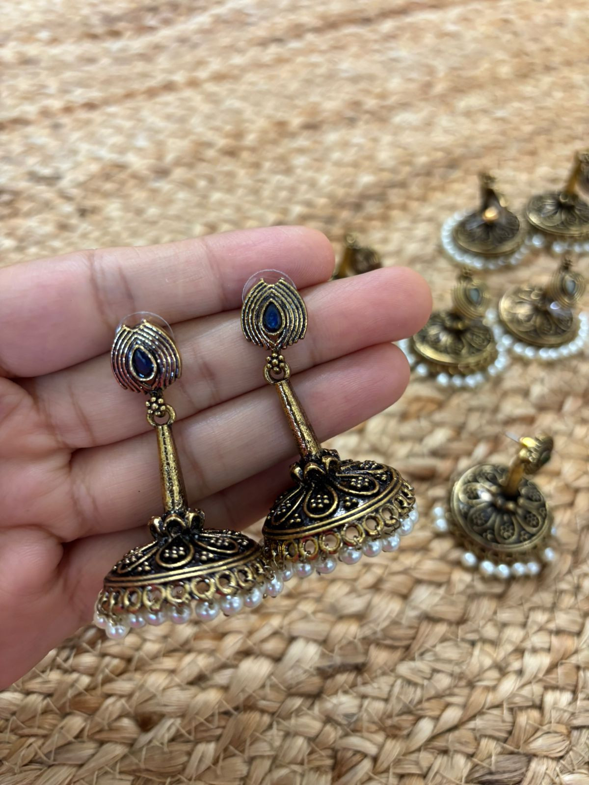 Metallic Oxidised Gold Earrings With Stone Settings - Blue