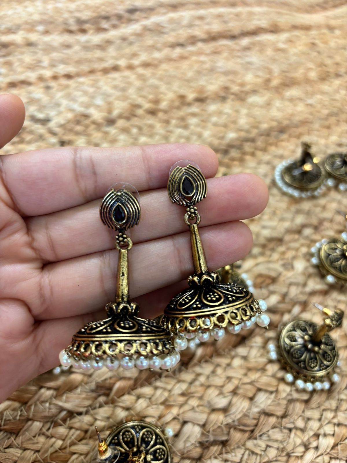Metallic Oxidised Gold Earrings With Stone Settings - Black