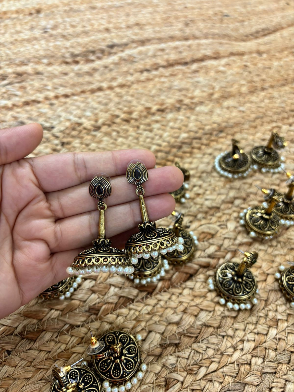 Metallic Oxidised Gold Earrings With Stone Settings - Black