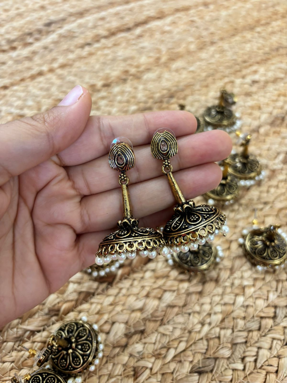 Metallic Oxidised Gold Earrings With Stone Settings - Gold