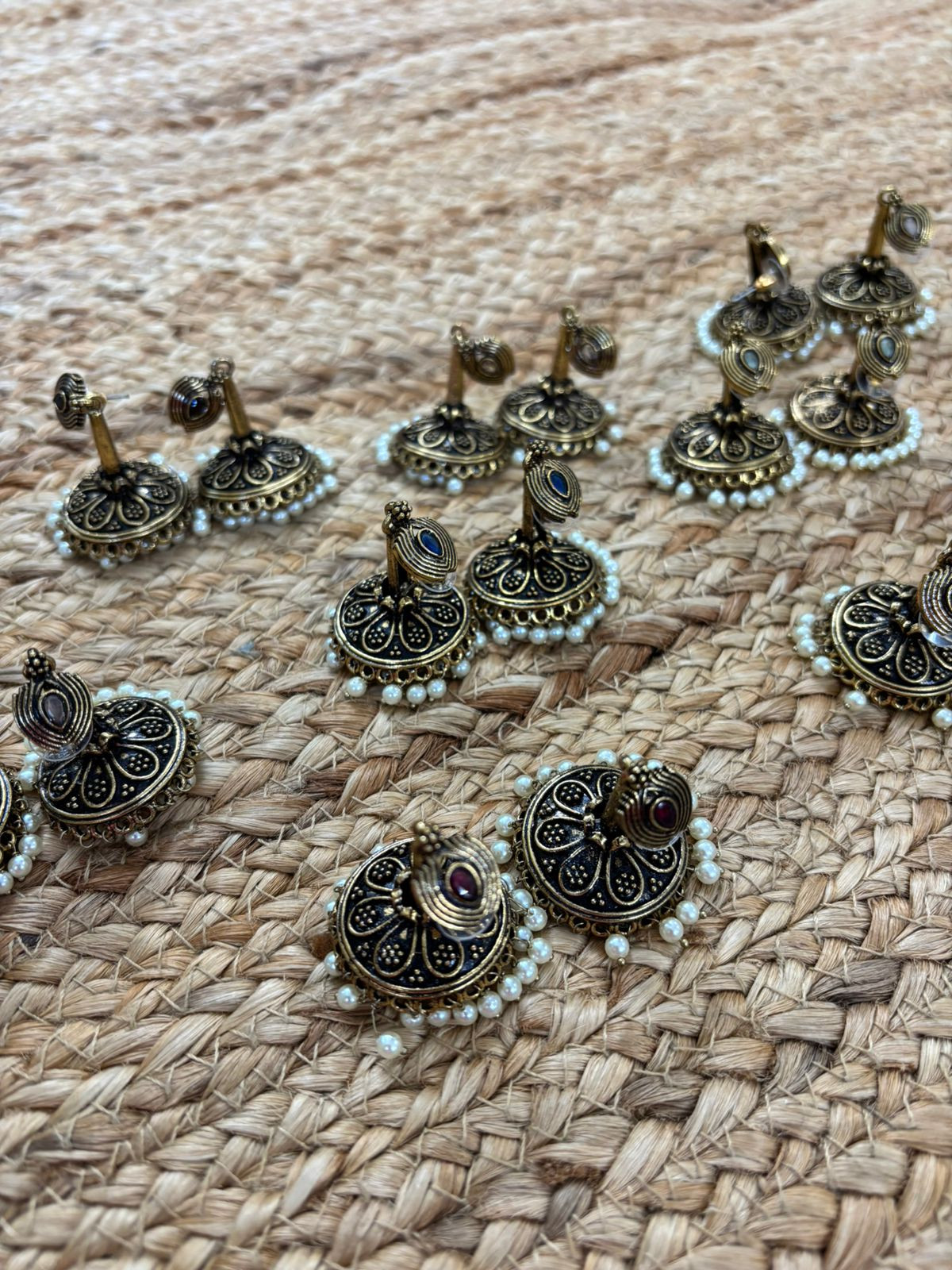 Metallic Oxidised Gold Earrings With Stone Settings - Gold
