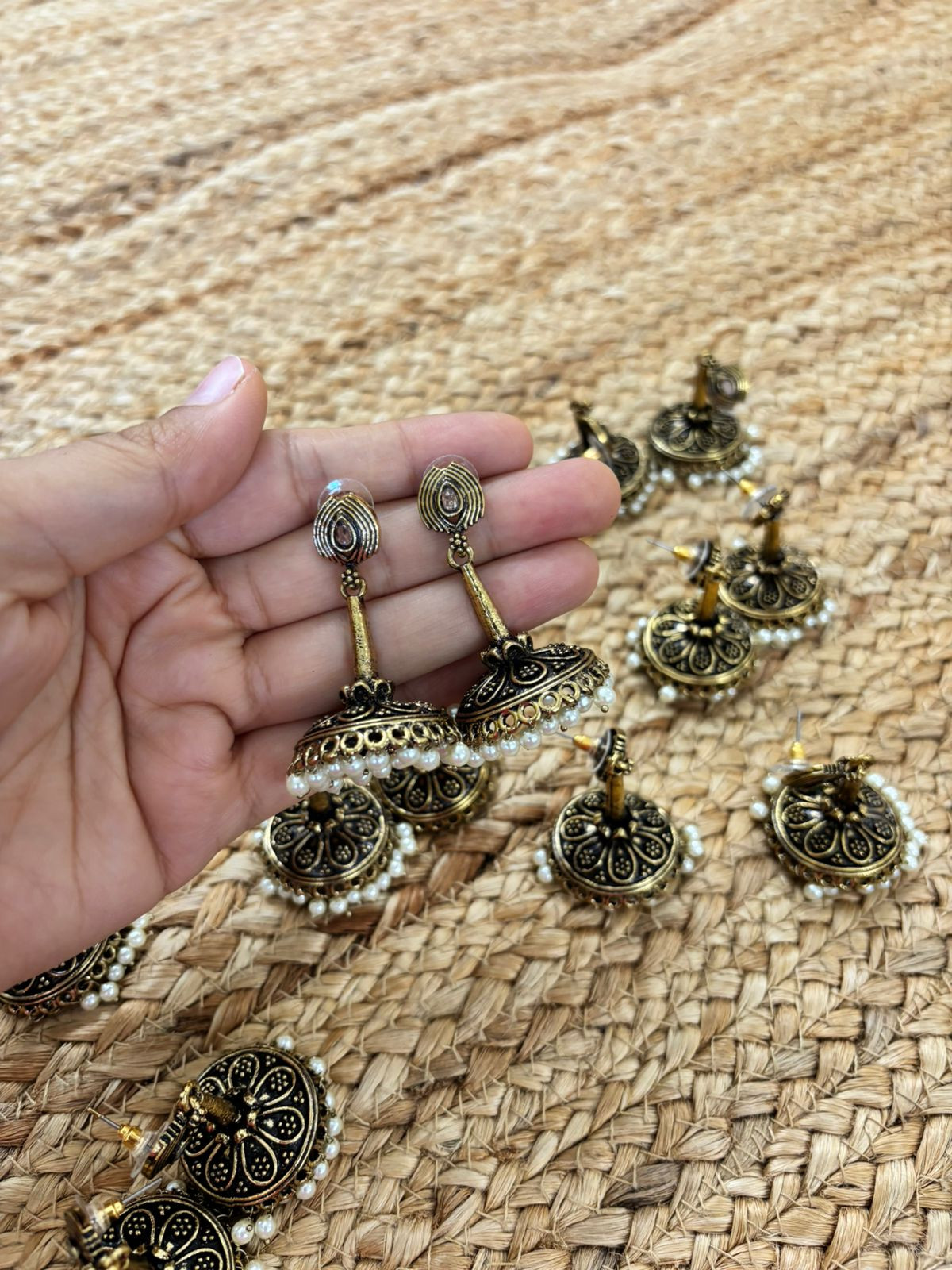 Metallic Oxidised Gold Earrings With Stone Settings - Gold