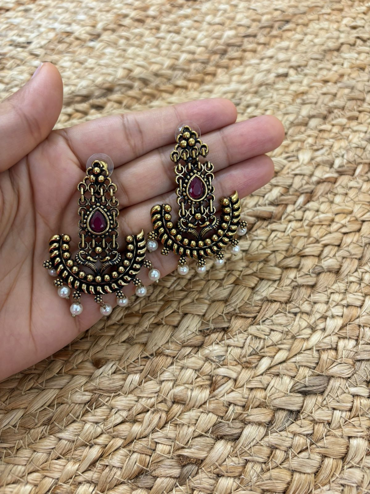 Metallic Gold Oxidised earrings With Stone Settings - Maroon