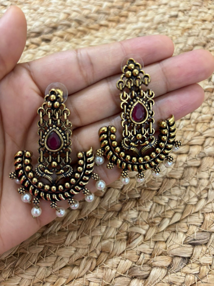 Image of Metallic Gold Oxidised earrings With Stone Settings - Maroon