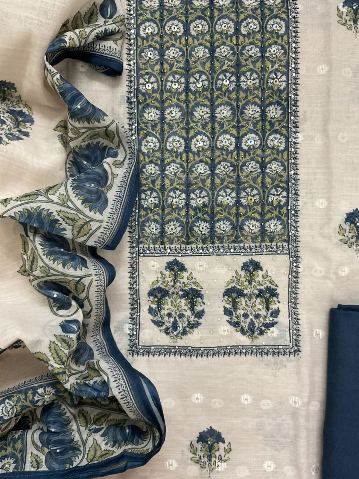 Soft Linen Jute Cotton Printed Embroidered Suit - Light Cream