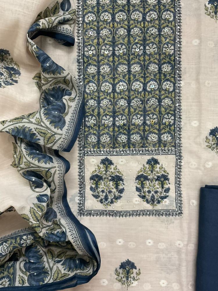 Image of Soft Linen Jute Cotton Printed Embroidered Suit - Light Cream