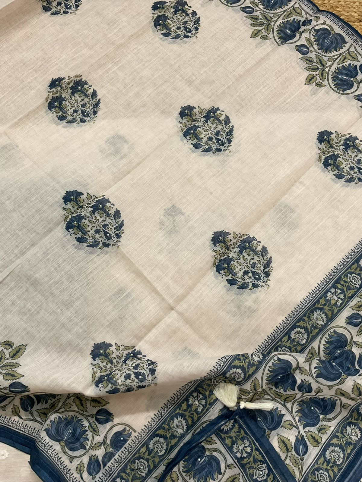 Soft Linen Jute Cotton Printed Embroidered Suit - Light Cream
