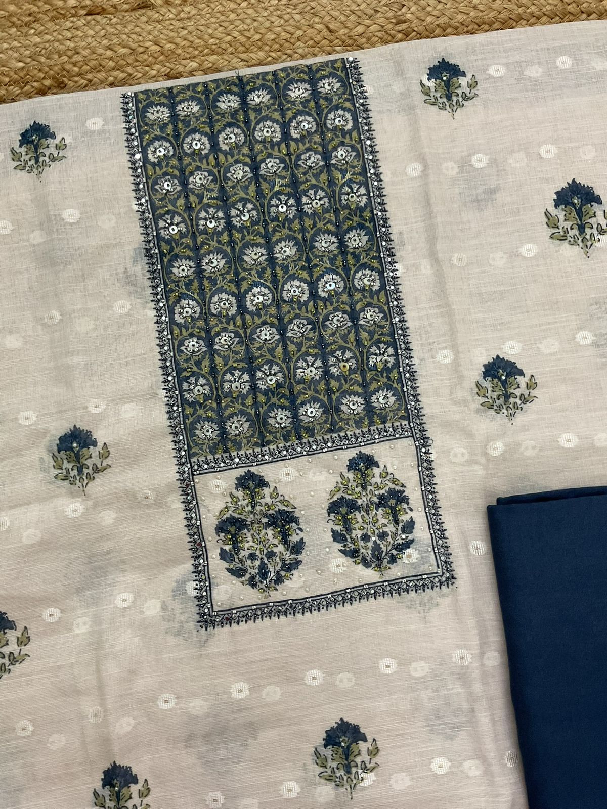 Soft Linen Jute Cotton Printed Embroidered Suit - Light Cream