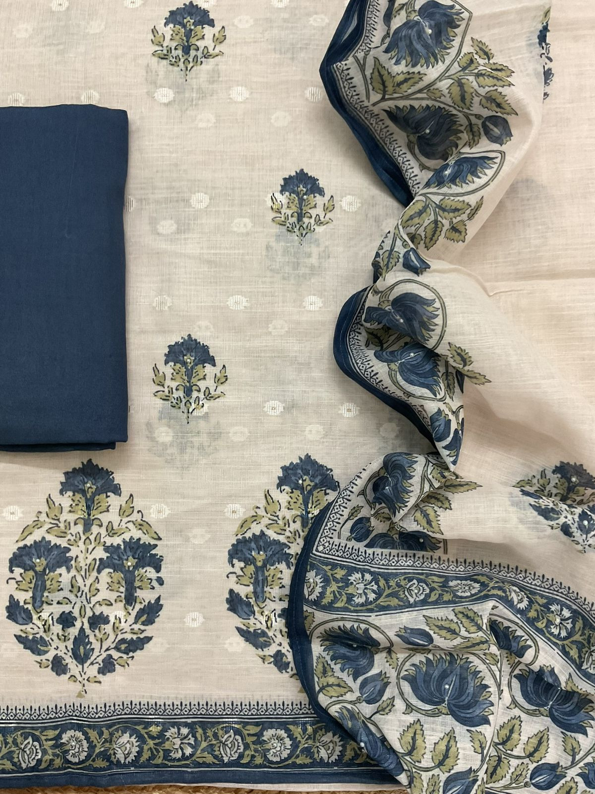 Soft Linen Jute Cotton Printed Embroidered Suit - Light Cream