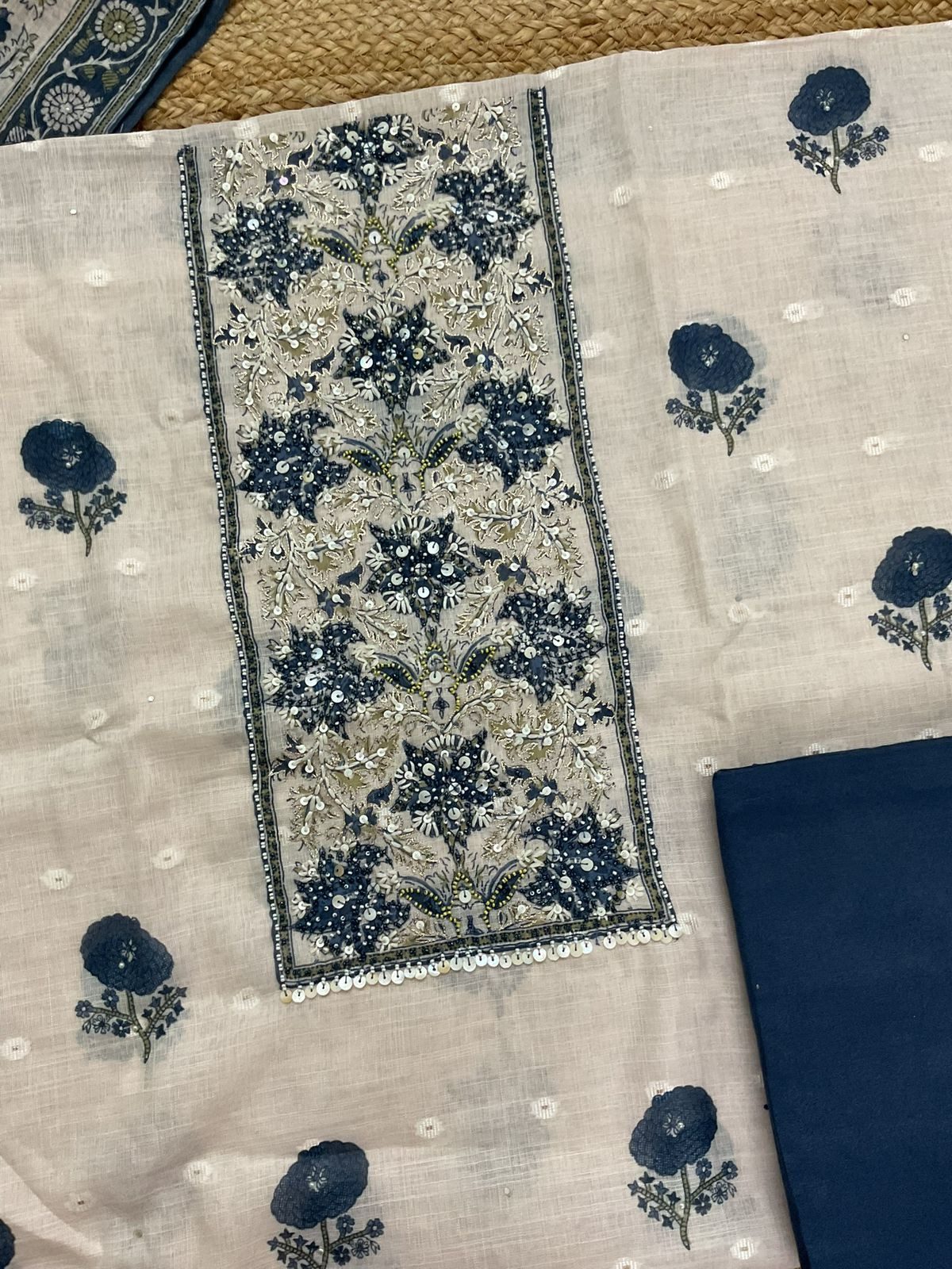 Soft Linen Jute Cotton Printed Embroidered Suit - Light Cream