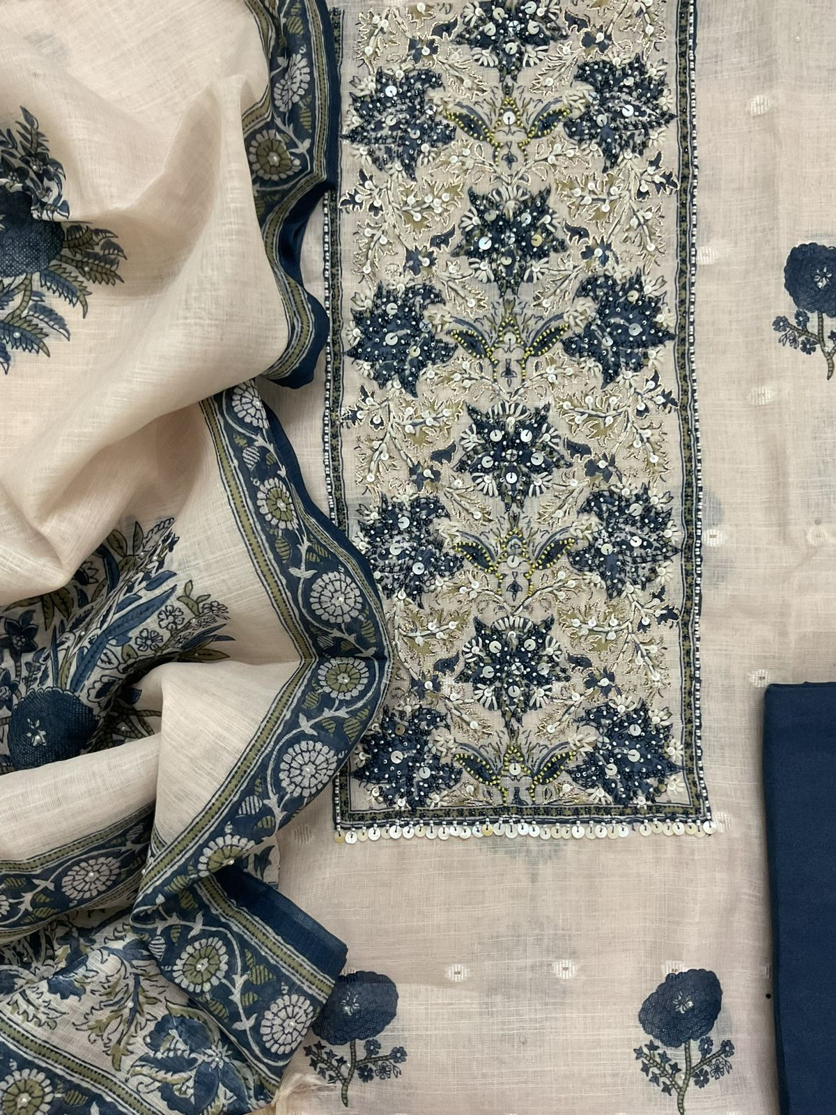 Soft Linen Jute Cotton Printed Embroidered Suit - Light Cream