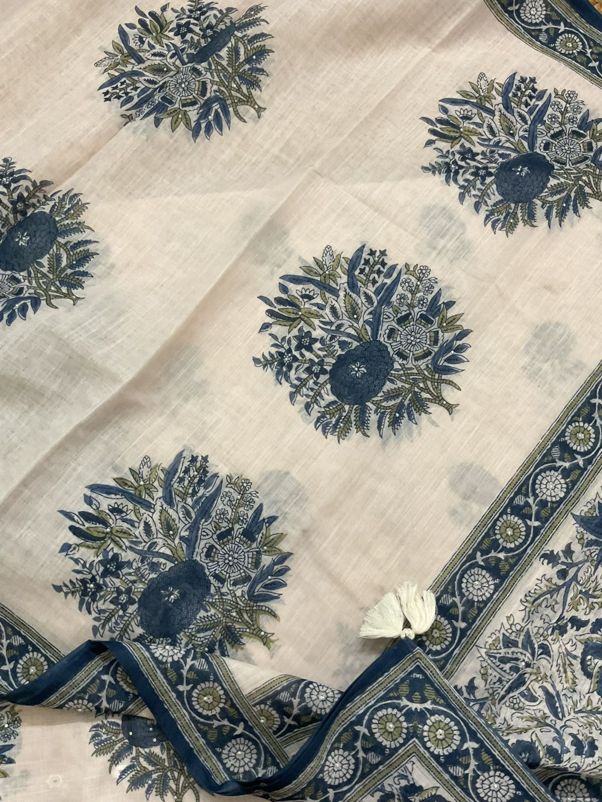 Soft Linen Jute Cotton Printed Embroidered Suit - Light Cream