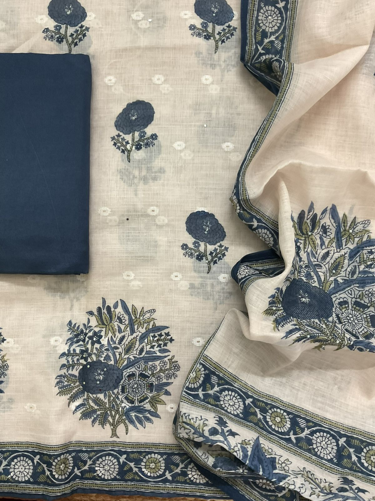 Soft Linen Jute Cotton Printed Embroidered Suit - Light Cream