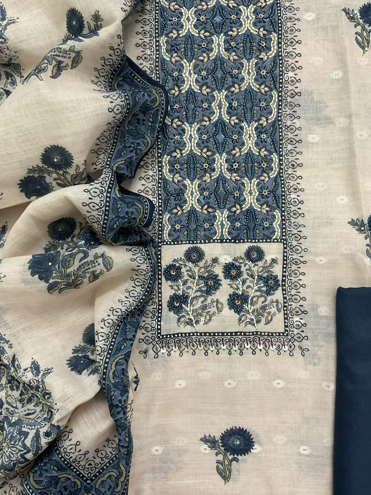 Soft Linen Jute Cotton Printed Embroidered Suit - Light Cream