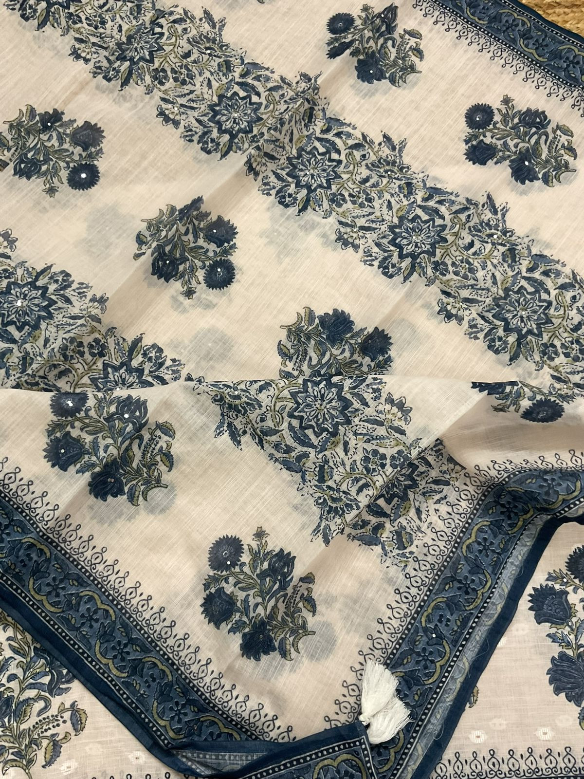 Soft Linen Jute Cotton Printed Embroidered Suit - Light Cream