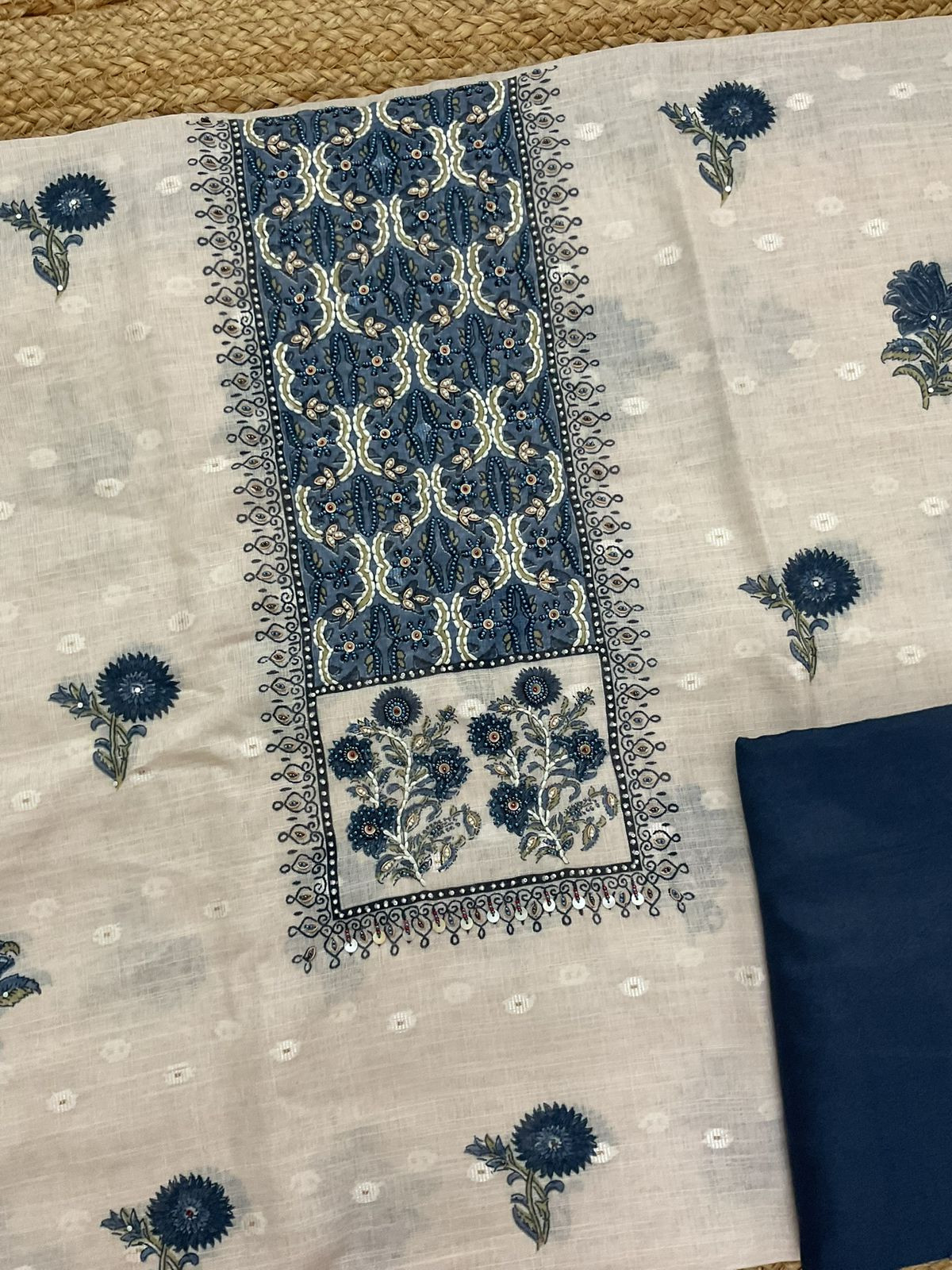 Soft Linen Jute Cotton Printed Embroidered Suit - Light Cream
