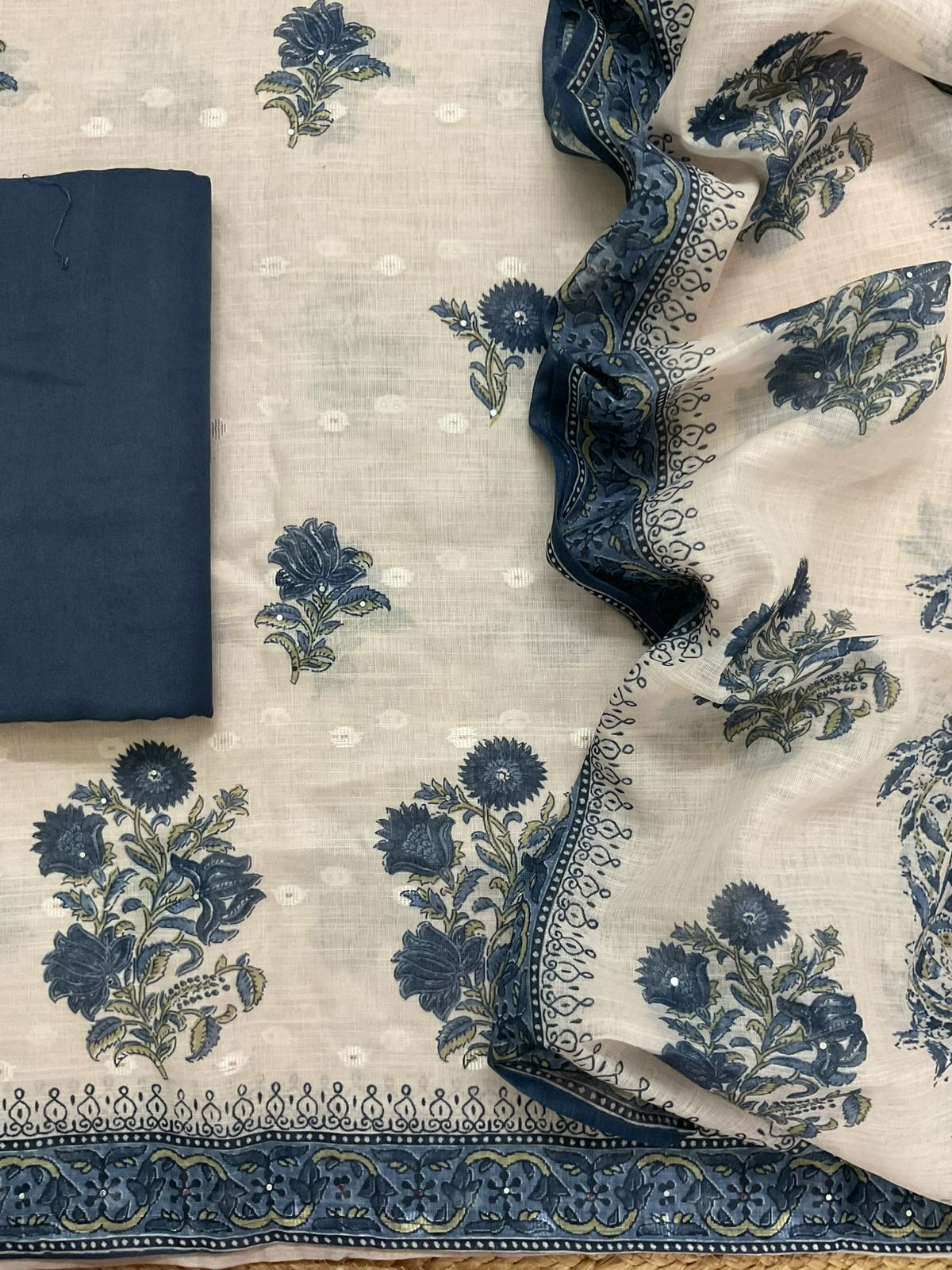 Soft Linen Jute Cotton Printed Embroidered Suit - Light Cream