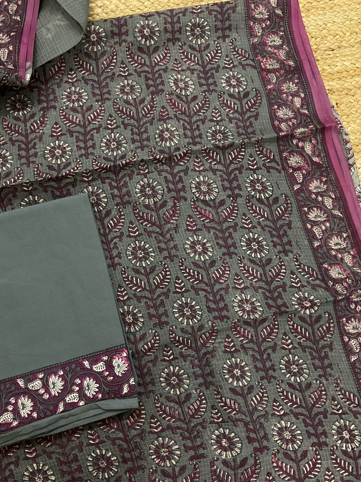Pure Fine Kota Cotton Printed Suit - Grey