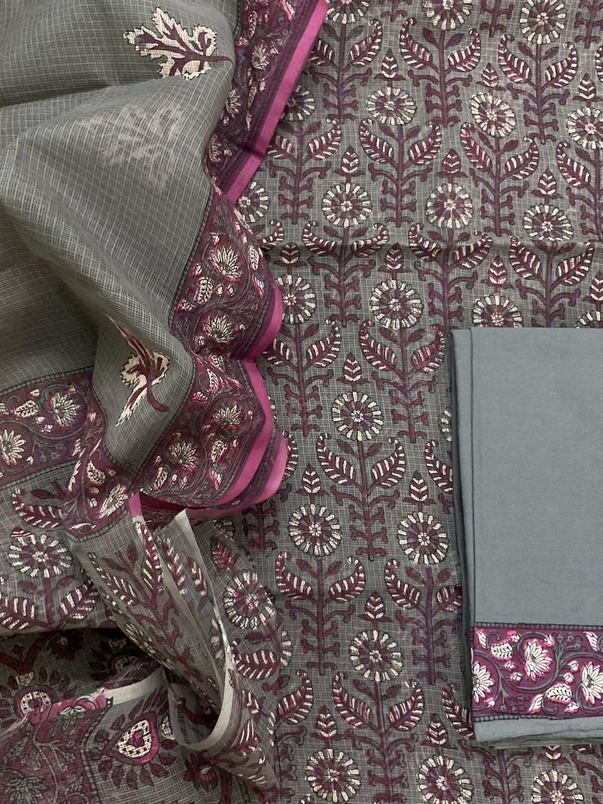 Pure Fine Kota Cotton Printed Suit - Grey