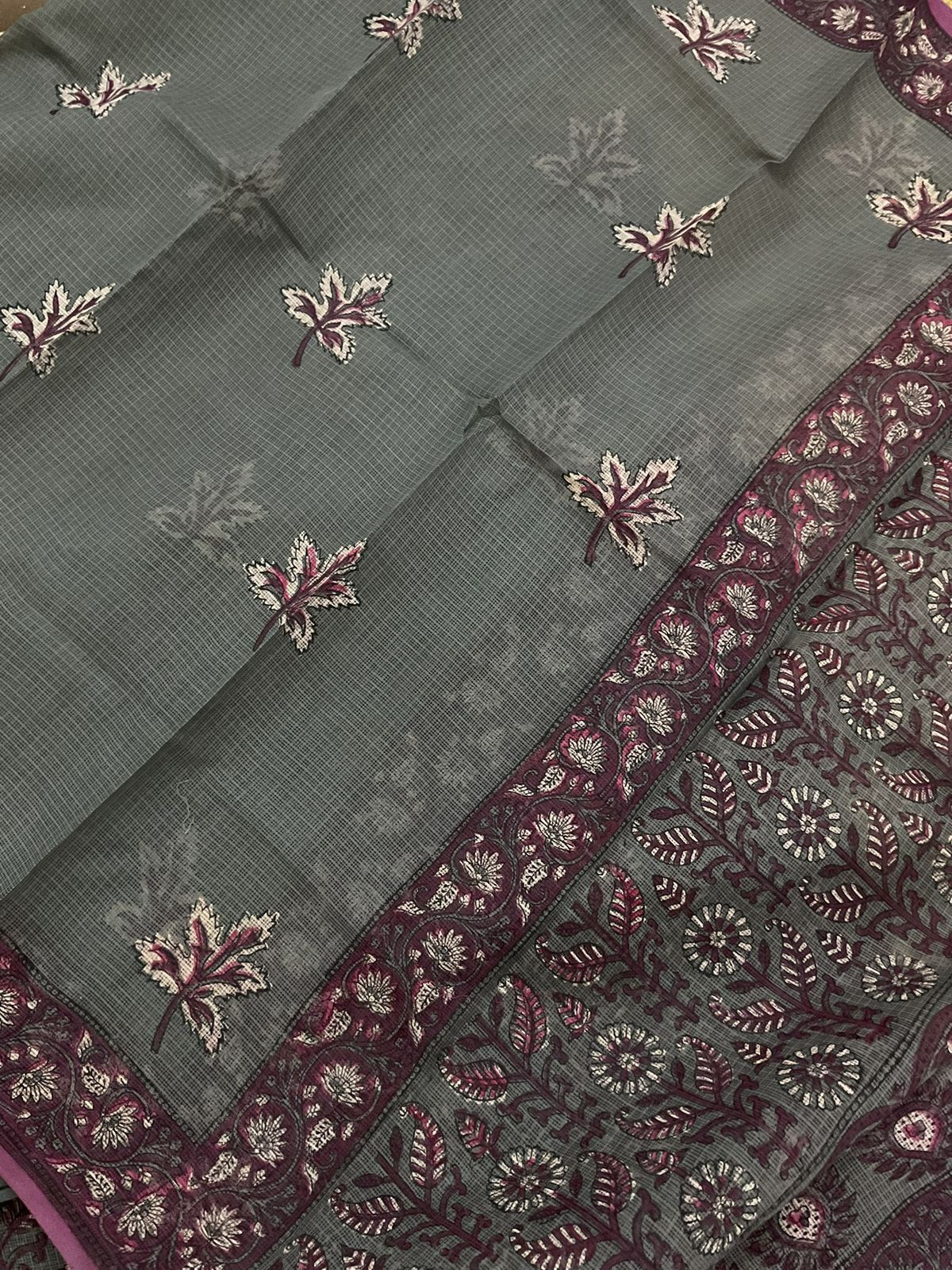 Pure Fine Kota Cotton Printed Suit - Grey