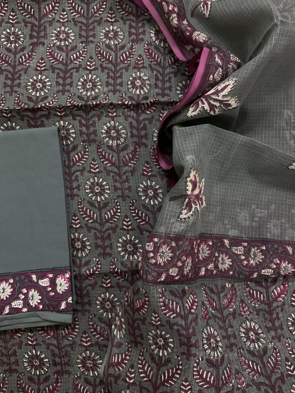 Pure Fine Kota Cotton Printed Suit - Grey