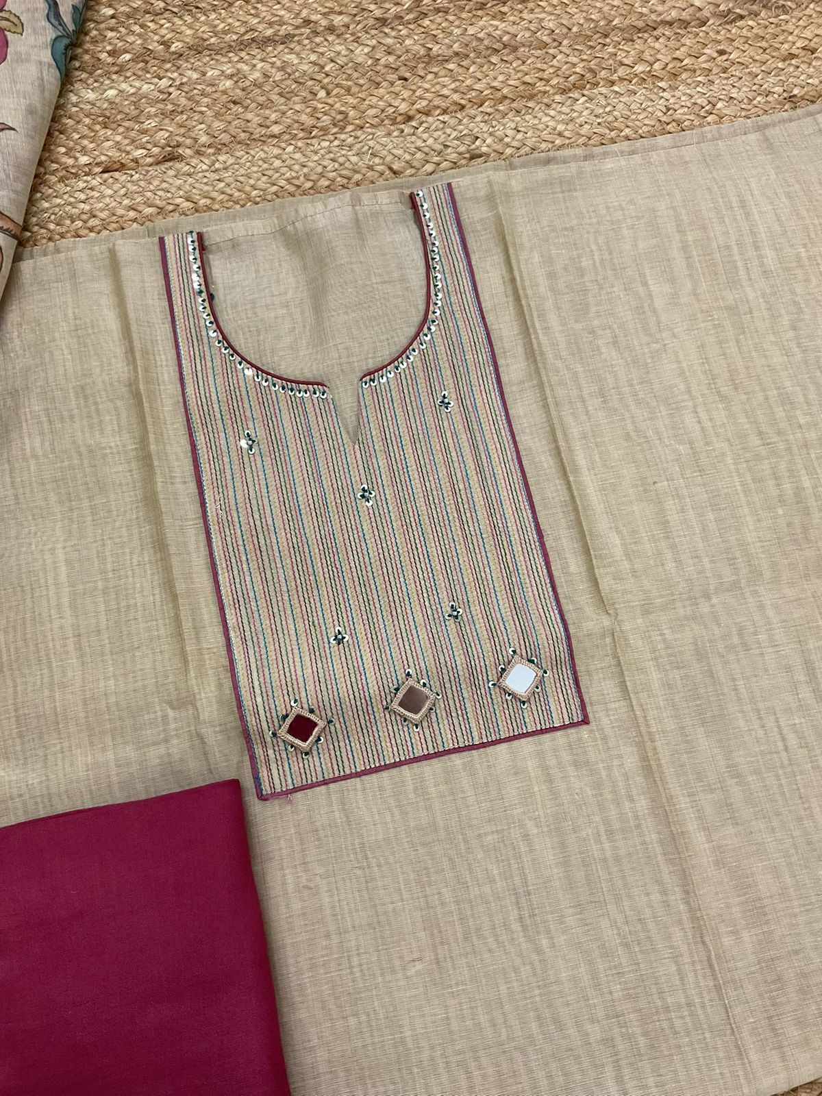 Soft Slub Chanderi Jamdani Weaved Printed Embroidered Suit - Beige