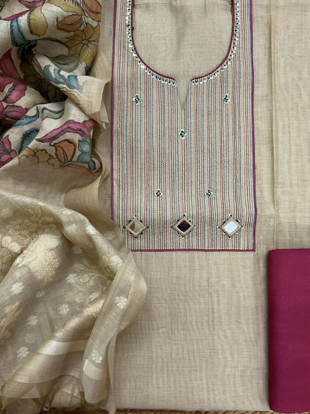 Soft Slub Chanderi Jamdani Weaved Printed Embroidered Suit - Beige