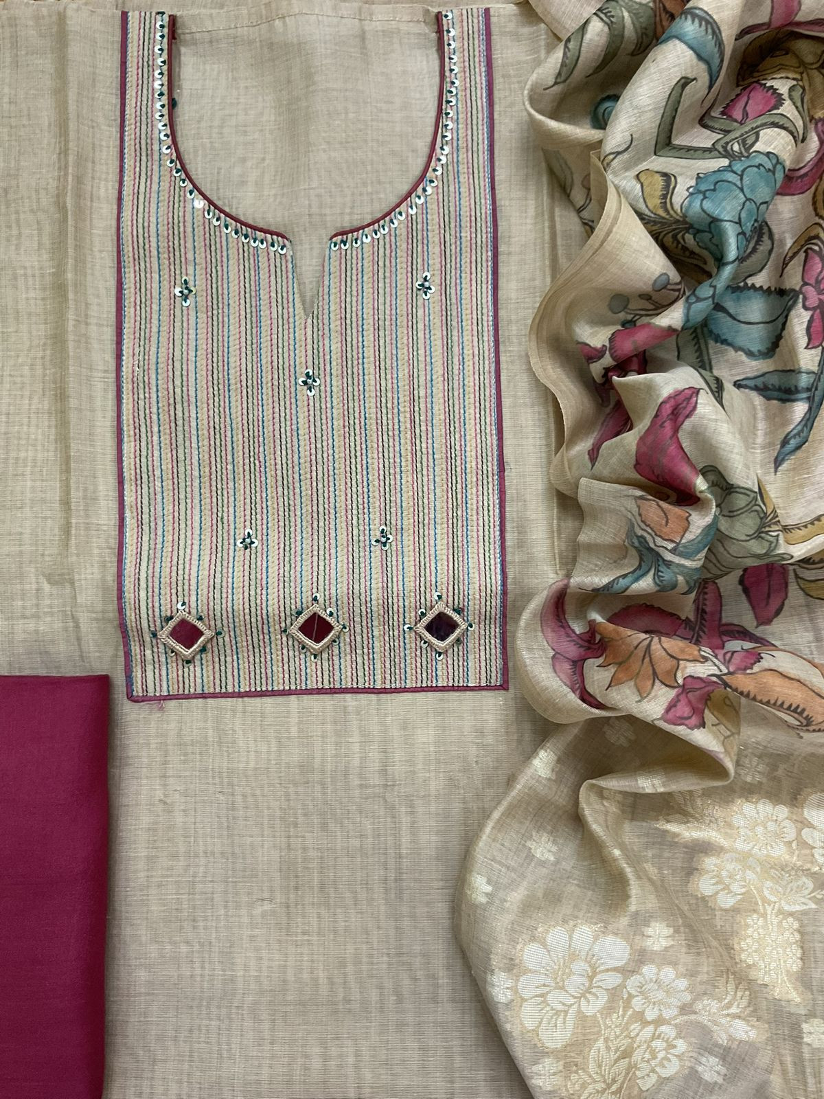 Soft Slub Chanderi Jamdani Weaved Printed Embroidered Suit - Beige