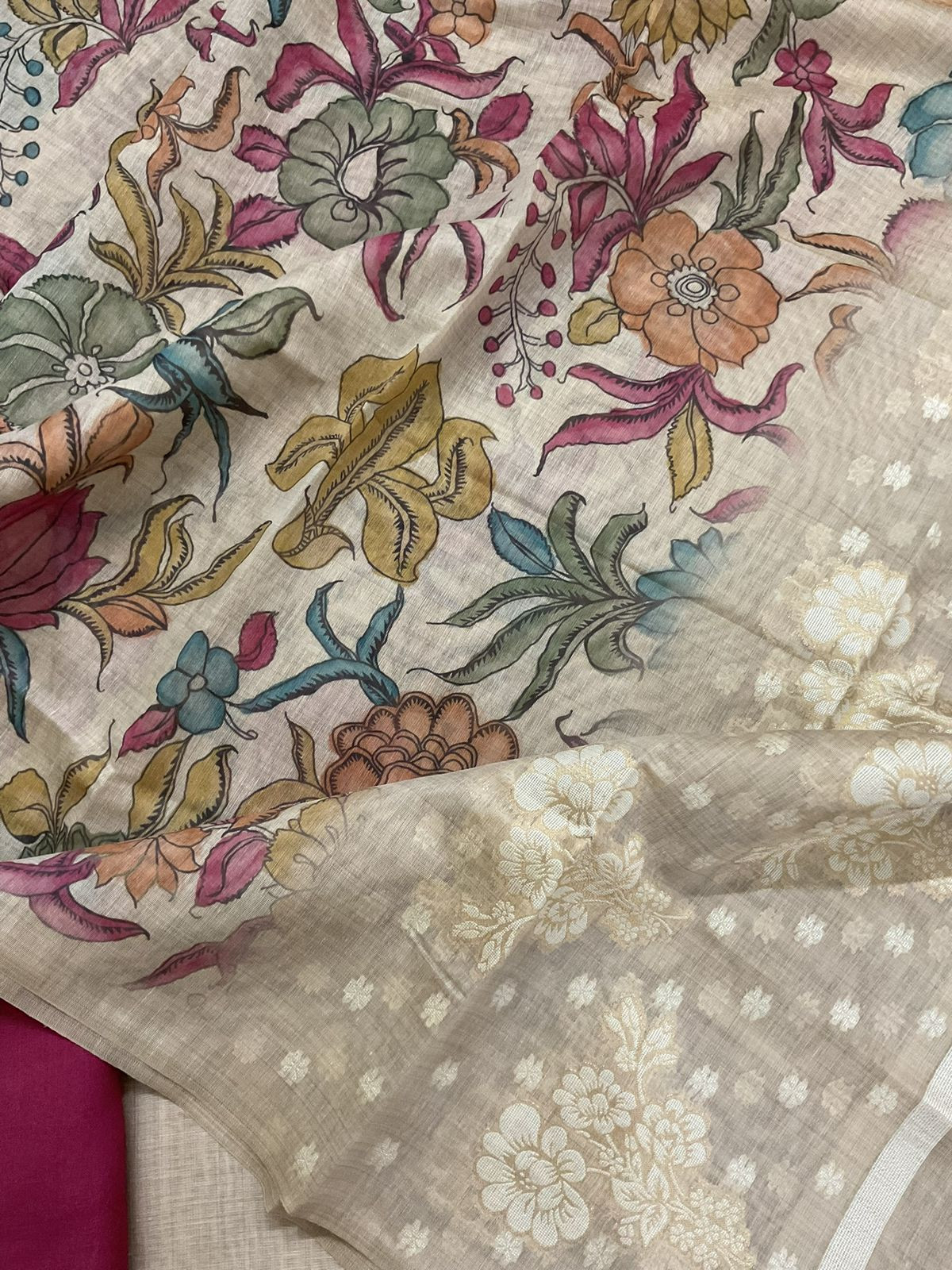 Soft Slub Chanderi Jamdani Weaved Printed Embroidered Suit - Beige
