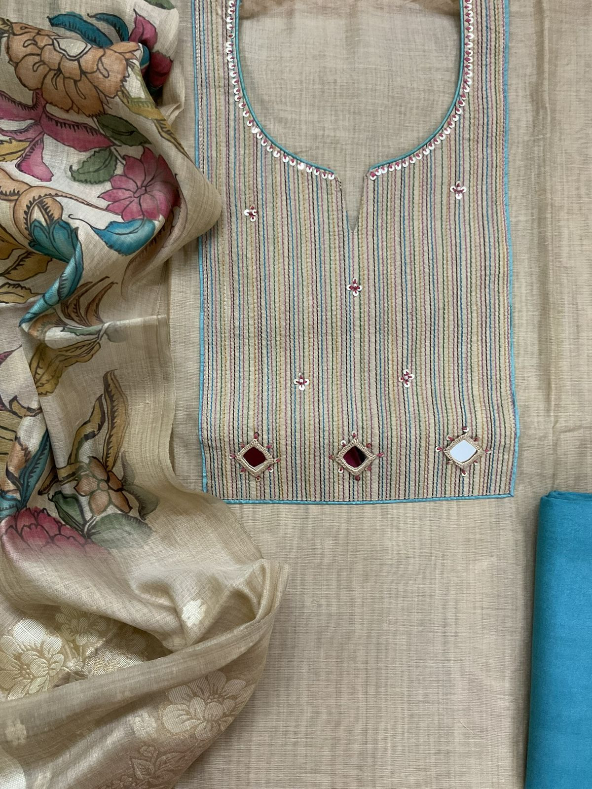 Soft Slub Chanderi Jamdani Weaved Printed Embroidered Suit - Beige