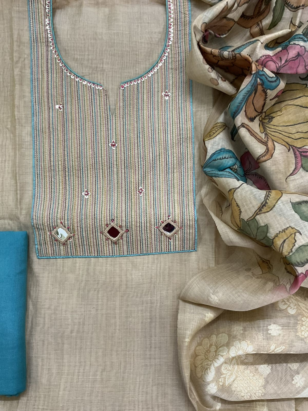 Soft Slub Chanderi Jamdani Weaved Printed Embroidered Suit - Beige