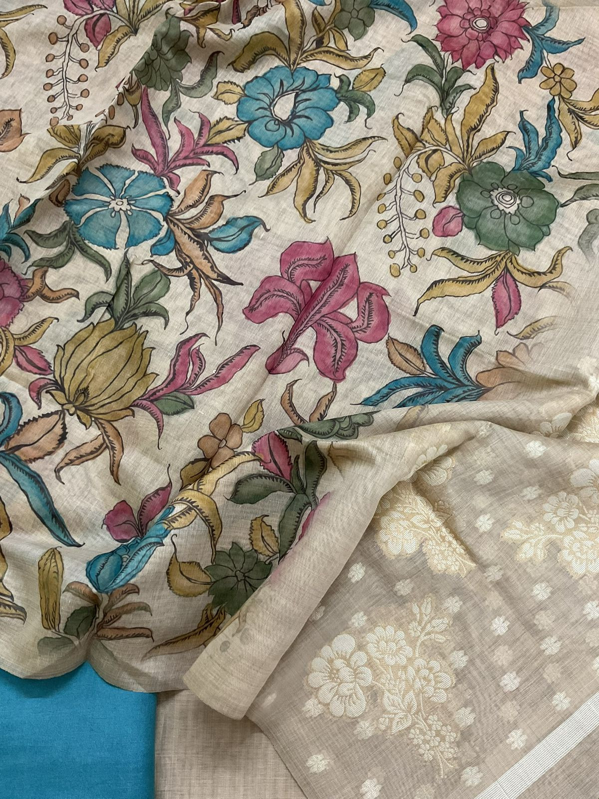 Soft Slub Chanderi Jamdani Weaved Printed Embroidered Suit - Beige