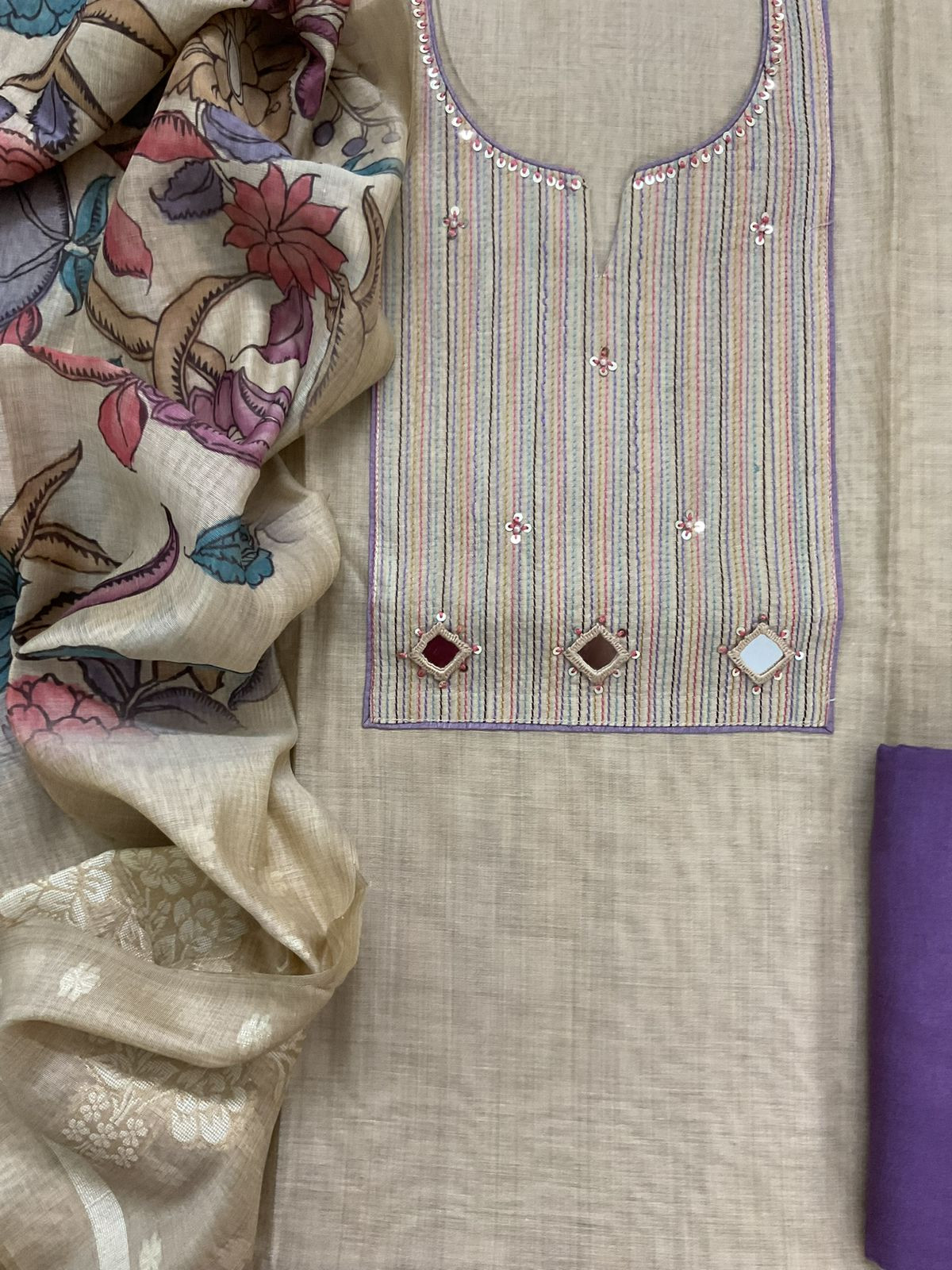Soft Slub Chanderi Jamdani Weaved Printed Embroidered Suit - Beige