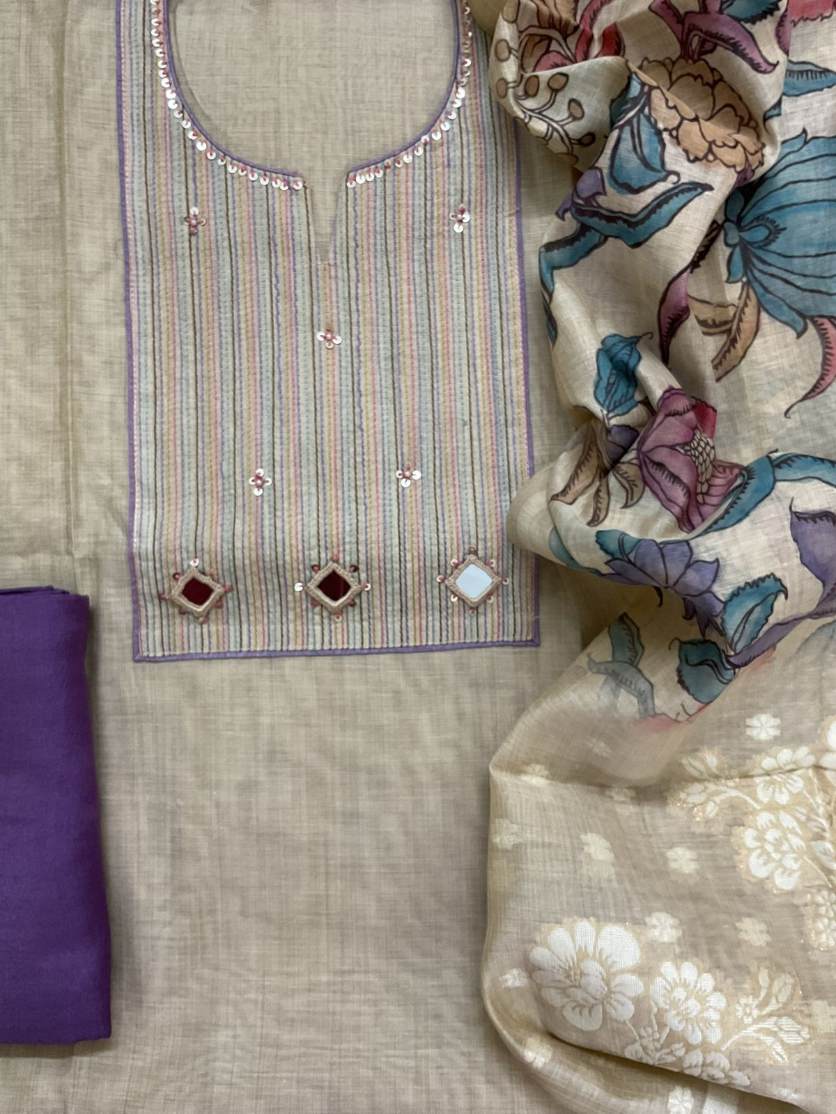Soft Slub Chanderi Jamdani Weaved Printed Embroidered Suit - Beige