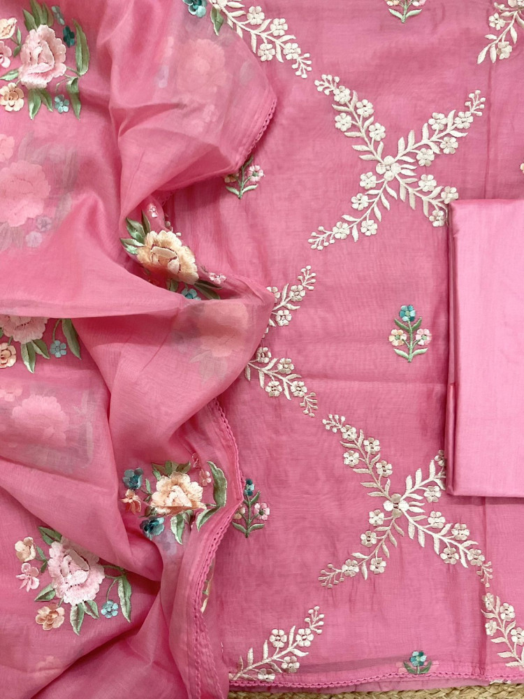 Image of Soft Chanderi Embroidered Suit - Pink