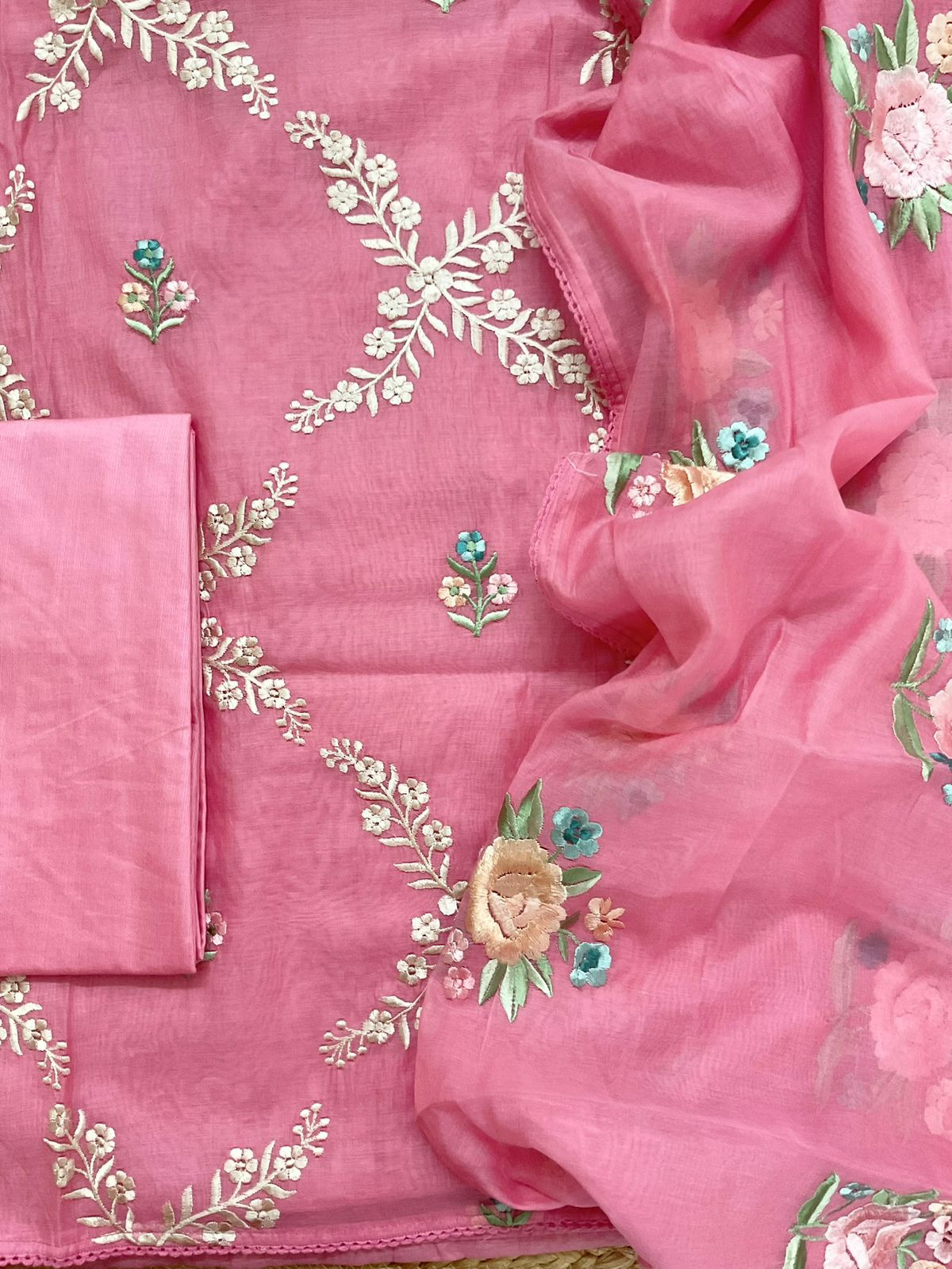 Soft Chanderi Embroidered Suit - Pink