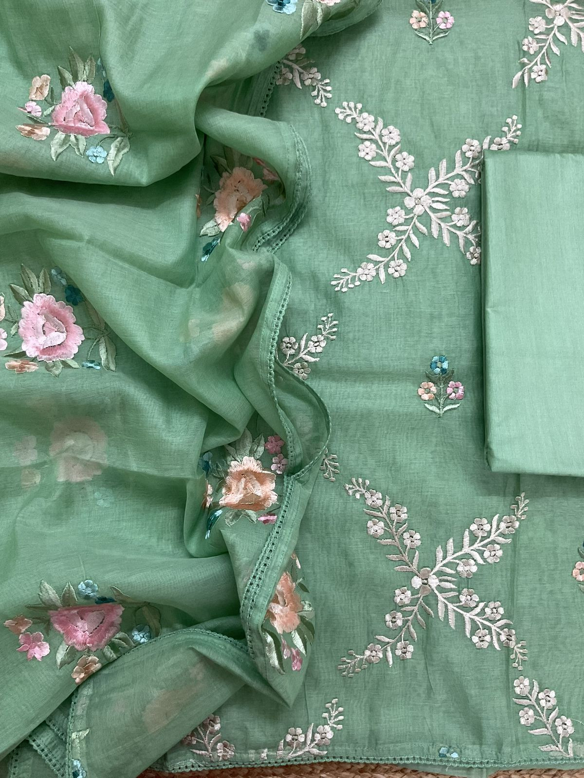 Soft Chanderi Embroidered Suit - Green