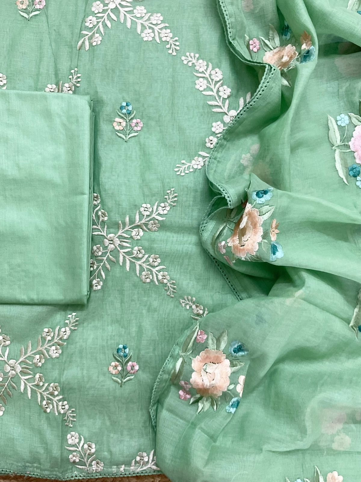 Soft Chanderi Embroidered Suit - Green