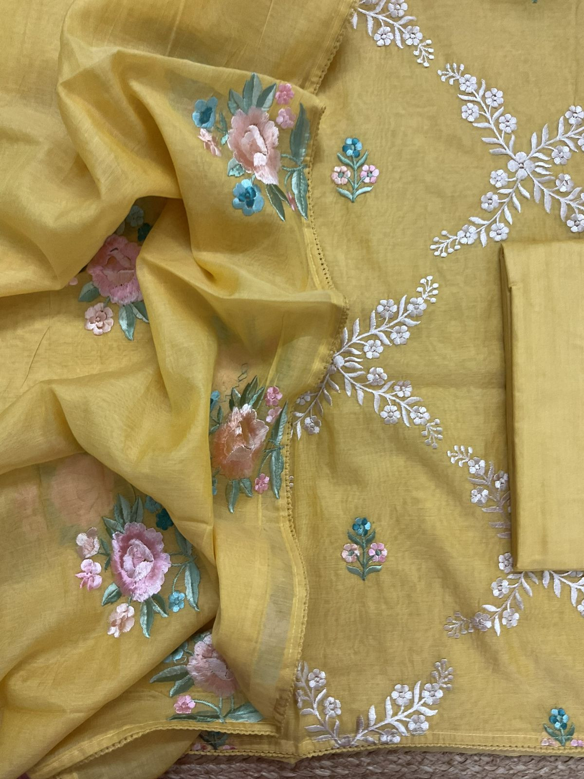 Soft Chanderi Embroidered Suit - Yellow