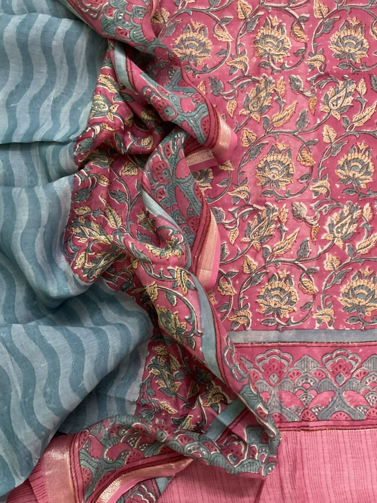 Image of Pure Mul Chanderi Printed Suit - Pink