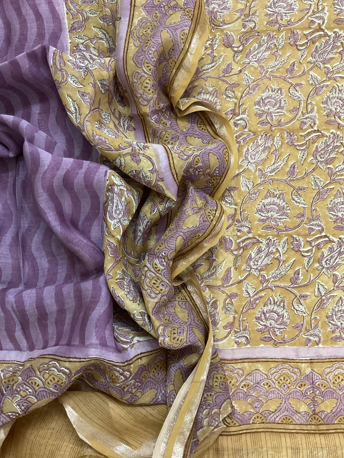 Pure Mul Chanderi Printed Suit - Mustard